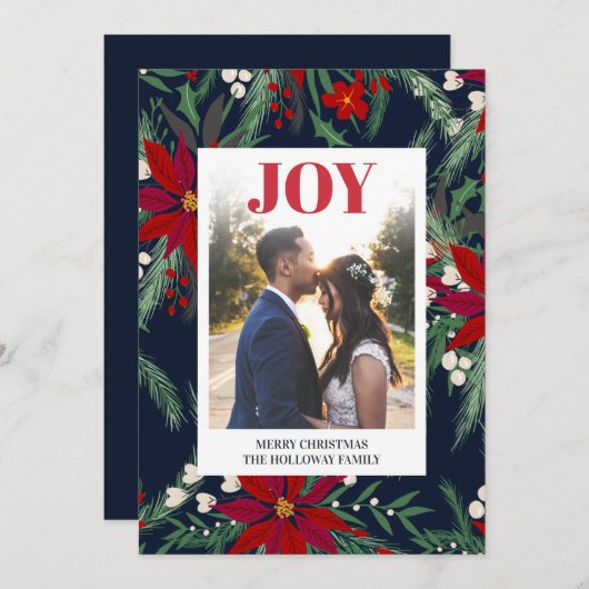 クリスマスの喜びとおしゃれな花のポインセチア柄の写真 シーズンカード (正面/裏面)