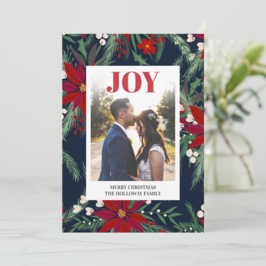 クリスマスの喜びとおしゃれな花のポインセチア柄の写真 シーズンカード (スタンド正面)