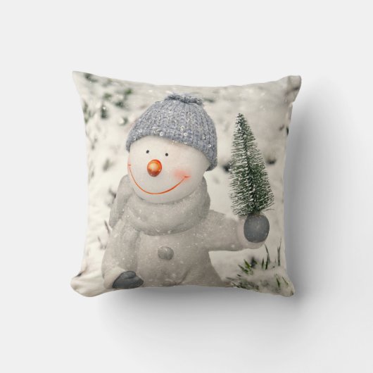 クリスマスの喜びと笑顔雪だるま クッション (正面)