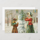 クリスマスの喜びに満ちた女性、子供、そして雪だるま シーズンカード (正面/裏面)