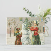 クリスマスの喜びに満ちた女性、子供、そして雪だるま シーズンカード (スタンド正面)