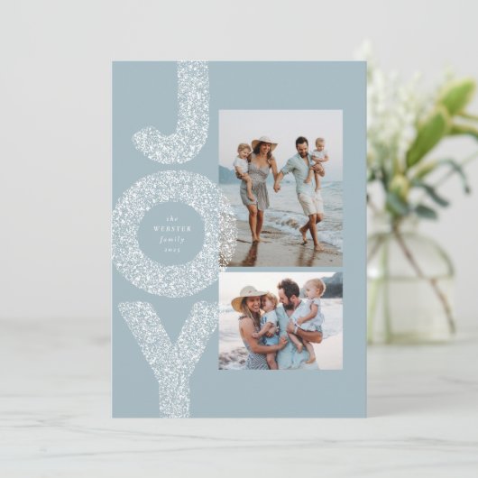 クリスマスの喜びの雪の斑点の青い2枚の写真のクリスマスカード シーズンカード (スタンド正面)