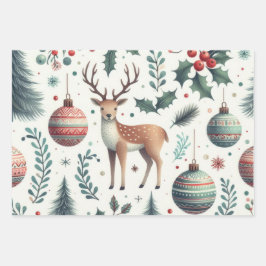 クリスマスの喜びの鹿と果実 ラッピングペーパーシート