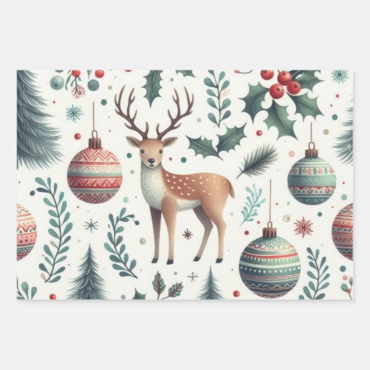 クリスマスの喜びの鹿と果実 ラッピングペーパーシート (正面)