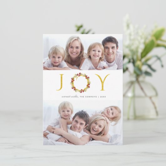 クリスマスの喜びの2写真の金ゴールドフェイクなホイルの休日 シーズンカード (スタンド正面)