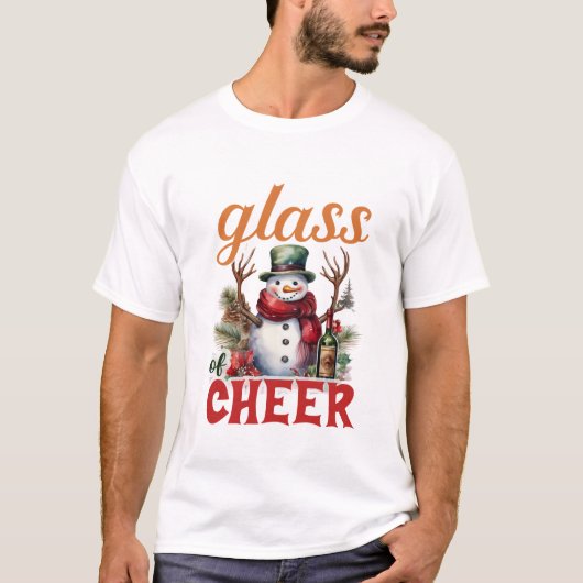クリスマスの喜びをグラスに込めて 面白い雪だるま ワイン愛好家 Tシャツ (正面)