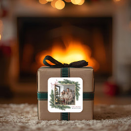 クリスマスの喜びを感じる家族の写真ステッカー スクエアシール