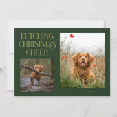 クリスマスの喜びを運ぶ緑の犬の写真 シーズンカード (正面)