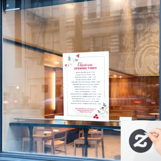 クリスマスの営業時間、緑と赤のホーリー ウィンドウサイン (カフェ窓)