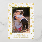 クリスマスの垂直フォトホワイトと金ゴールドの雪 箔シーズンカード (正面)