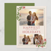 クリスマスの境界線にカラフルな植物がデザインされたマルチフォトカード シーズンカード (正面/裏面)