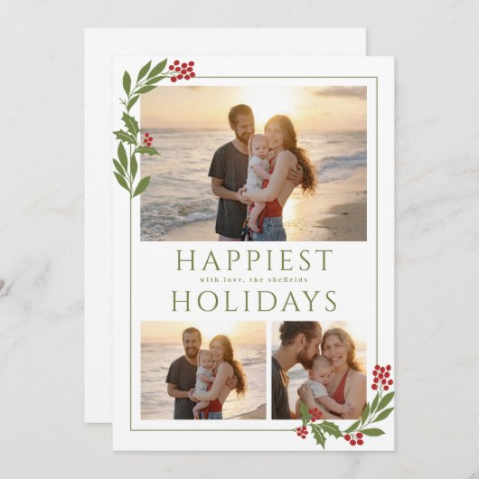 クリスマスの境界線に植物の装飾があるマルチ写真カード シーズンカード (正面/裏面)