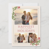 クリスマスの境界線に植物の装飾があるマルチ写真カード シーズンカード (正面)