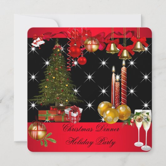 クリスマスの夕食 ホリデーパーティー 赤 白 2 招待状 (正面)