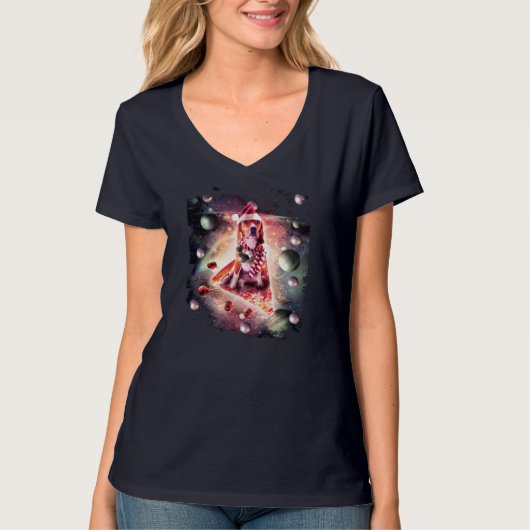 クリスマスの外スペース銀河系ドッグライディングピザクリスマス Tシャツ (正面)
