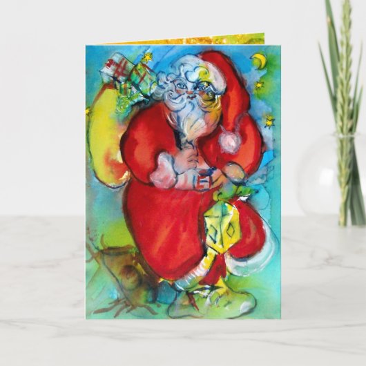 クリスマスの夜にランタンを持つサンタクロース シーズンカード (正面)