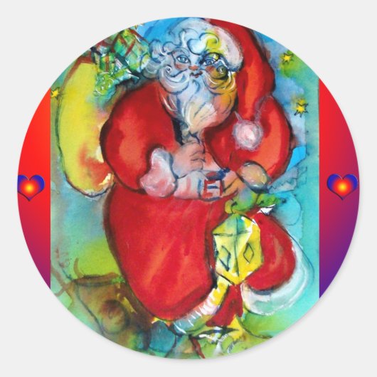 クリスマスの夜にランタンを掲げるサンタクロース ラウンドシール (正面)