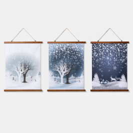 クリスマスの夜のファンタジー。幻想的な森と雪 吊り下げ型タペストリー