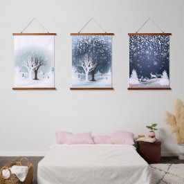 クリスマスの夜のファンタジー。幻想的な森と雪 吊り下げ型タペストリー