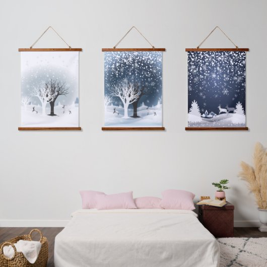 クリスマスの夜のファンタジー。幻想的な森と雪 吊り下げ型タペストリー (寝室)