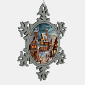 クリスマスの夜のヴィンテージ村 スノーフレークピューターオーナメント (左)