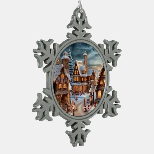 クリスマスの夜のヴィンテージ村 スノーフレークピューターオーナメント (左)