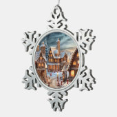 クリスマスの夜のヴィンテージ村 スノーフレークピューターオーナメント (右)