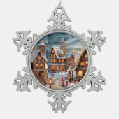 クリスマスの夜のヴィンテージ村 スノーフレークピューターオーナメント (正面)