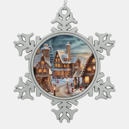 クリスマスの夜のヴィンテージ村 スノーフレークピューターオーナメント (正面)