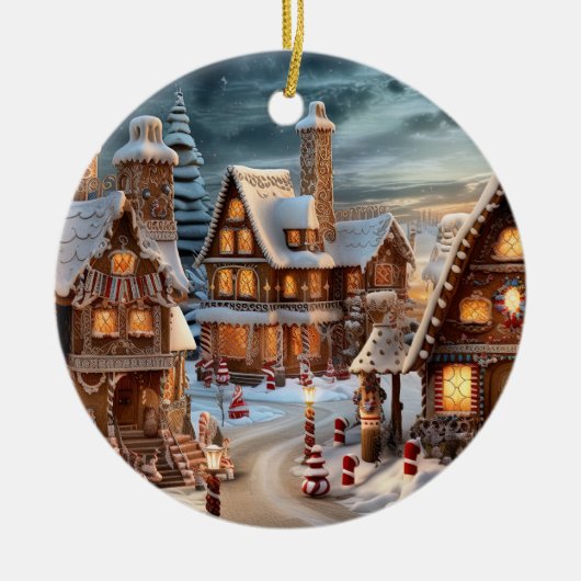 クリスマスの夜のヴィンテージ村 セラミックオーナメント (正面)