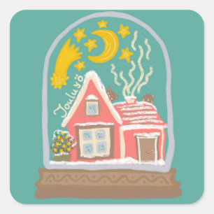 クリスマスの夜の松の緑のフィンランドの小屋 スクエアシール
