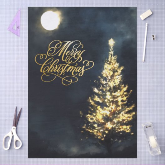 クリスマスの夜空に灯るツリー 薄葉紙 (クラフト)