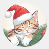 クリスマスの夢 - サンタの帽子をかぶった眠る子猫 ラウンドシール (正面)