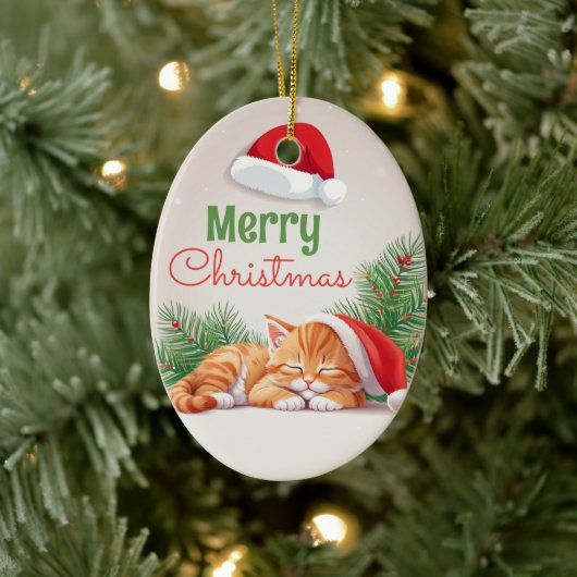 クリスマスの夢 – Santa Hatで眠る子猫 セラミックオーナメント (ツリー)