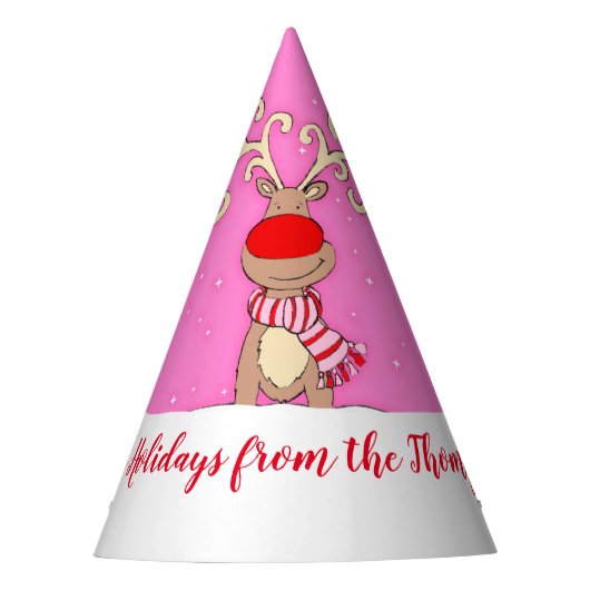 クリスマスの大きい(雄ジカの)枝角のトナカイのピンクの名前の帽子 パーティーハット (正面)