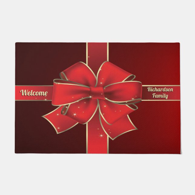 クリスマスの大きく赤い弓休日のリボンのモノグラム ドアマット (正面)