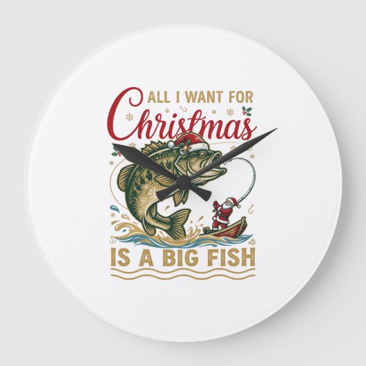 クリスマスの大きな魚バスサンタボートフィッシング ラージ壁時計 (正面)