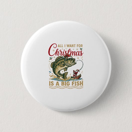 クリスマスの大きな魚バスサンタボート釣り 缶バッジ (正面)