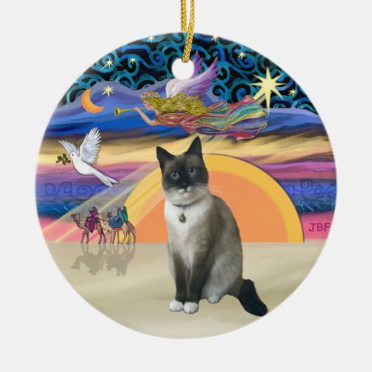 クリスマスの天使とスノーシューキャット セラミックオーナメント (正面)