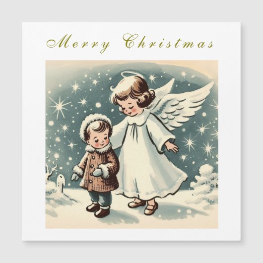 クリスマスの天使と子供のマグネットカード (正面)