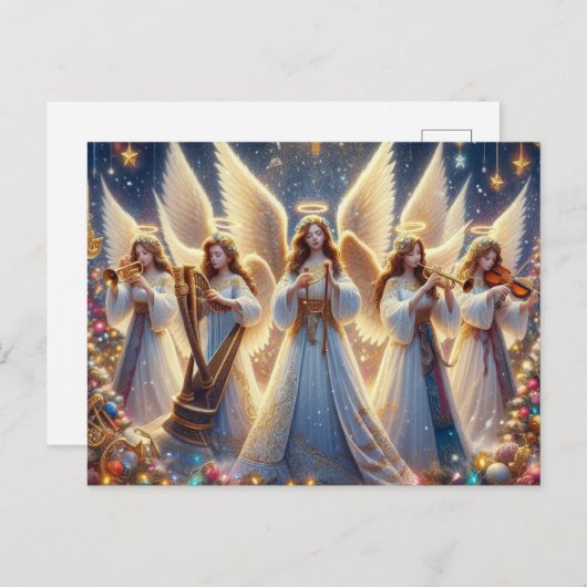 クリスマスの天使と音楽楽器 シーズンポストカード (正面/裏面)