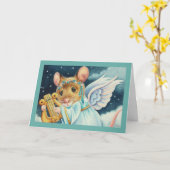 クリスマスの天使のネズミがリラを弾く水彩画アート カード (黄色い花)