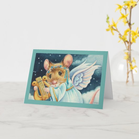 クリスマスの天使のネズミがリラを弾く水彩画アート カード (黄色い花)