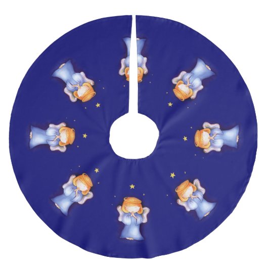 クリスマスの天使の祈る青いクリスマスツリーのスカート ブラッシュドポリエステルツリースカート (正面)