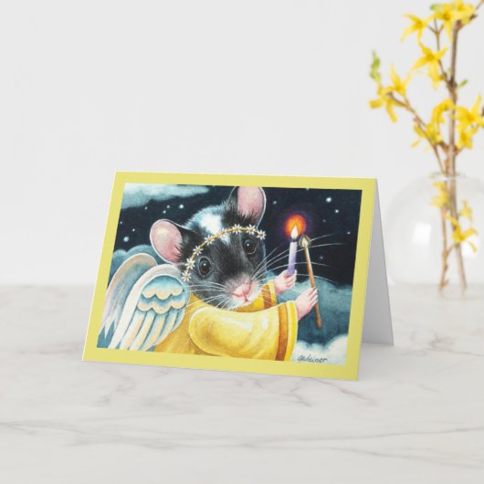 クリスマスの天使マウスとキャンドル水彩画 カード (黄色い花)
