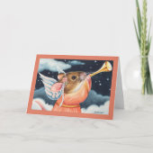 クリスマスの天使マウスとトランペット 水彩画アート カード (正面)