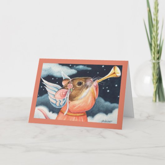 クリスマスの天使マウスとトランペット 水彩画 カード (正面)