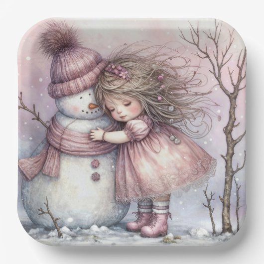 クリスマスの女の子が雪だるまを抱きしめる ペーパープレート (正面)