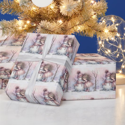 クリスマスの女の子が雪だるまを抱きしめる ラッピングペーパー (クリスマス)