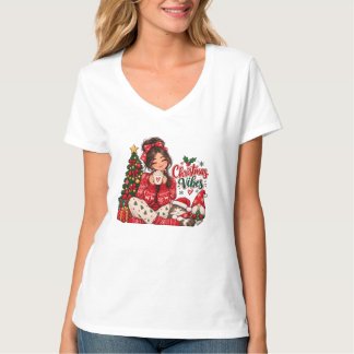 クリスマスの女の子と猫のコレクション 可愛いホリデーデザイン Tシャツ